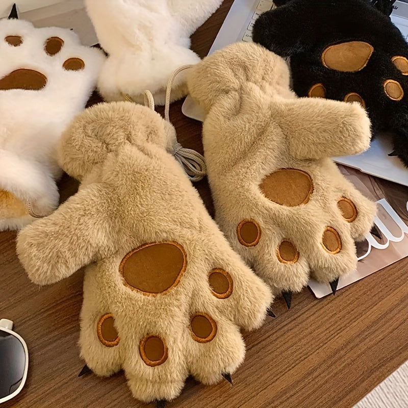 Cozy Cat Paw Plush Mittens - Ultra-Warm, Windproof Thick Fleece Gloves with Cute Animal Design for Cycling, Skiing & Outdoor Activities, White with Brown Accents